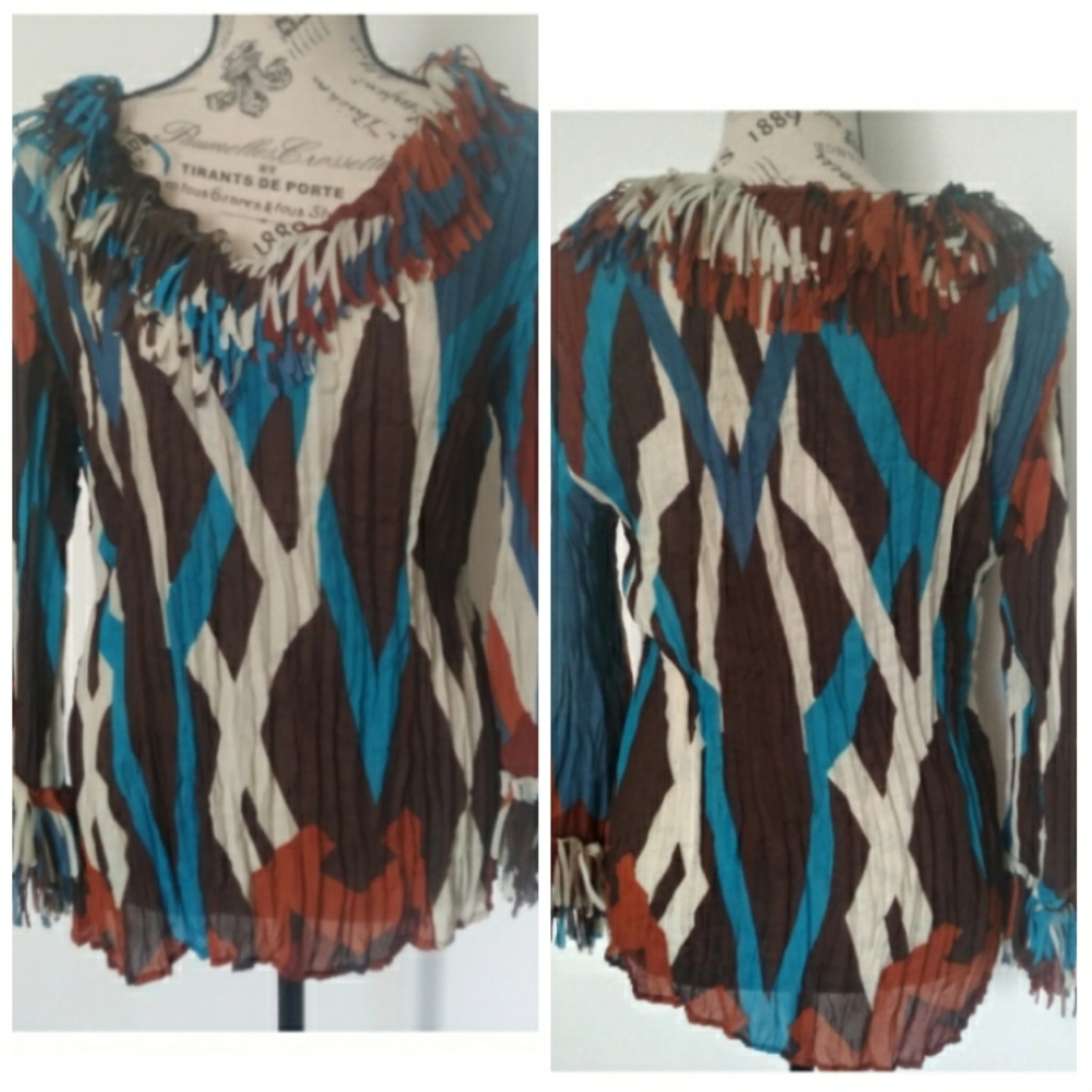 Agora Multicolor Fringe Hem Crinkled Blouse - Teal, Brown, Cream, Rust